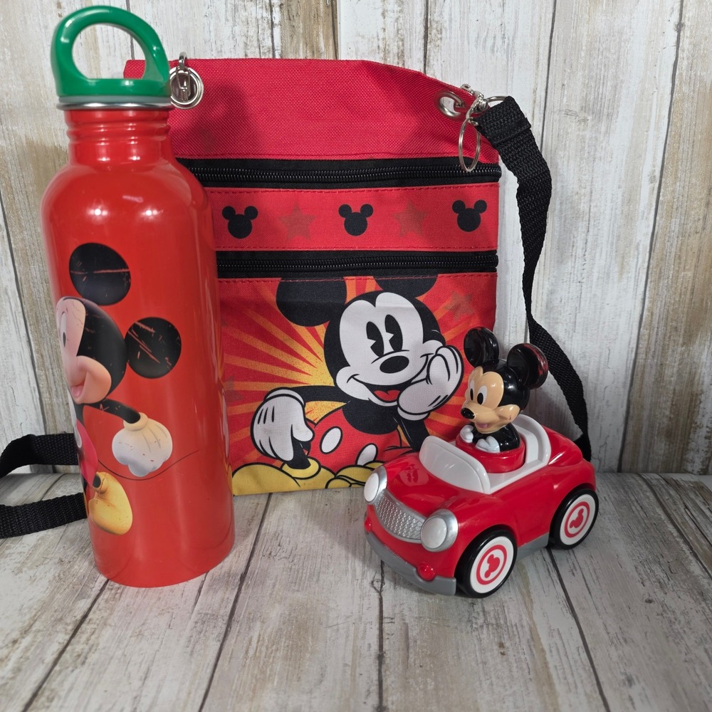 Disney Mickey Mouse Red Crossbody Bag Water Bottle and Toy Car Bundle 3pc Set - Picture 3 of 7